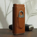 Genuine Leather Cigar Case, Wood Lined Humidor with Cutter: Brown