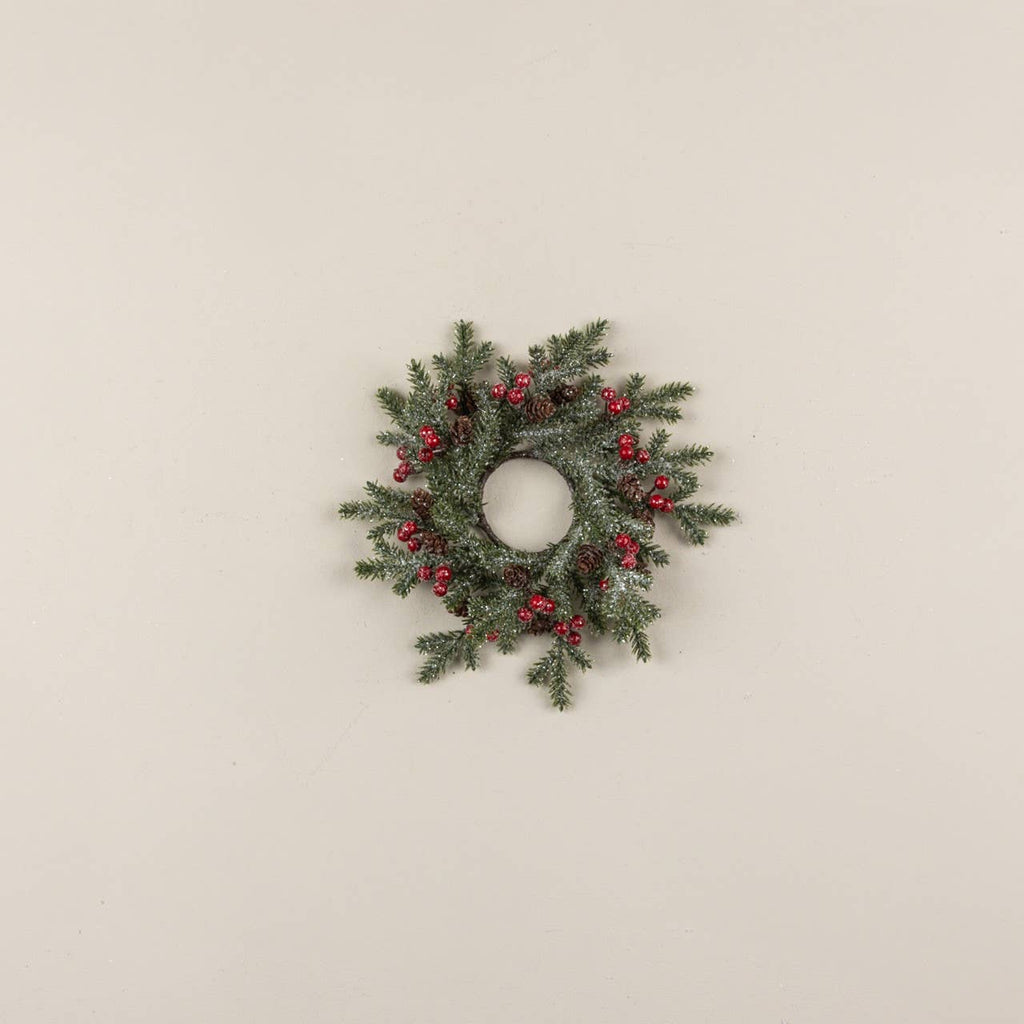 10" FROSTED PINE, RED BERRIES & PINECONE CANDLE RING