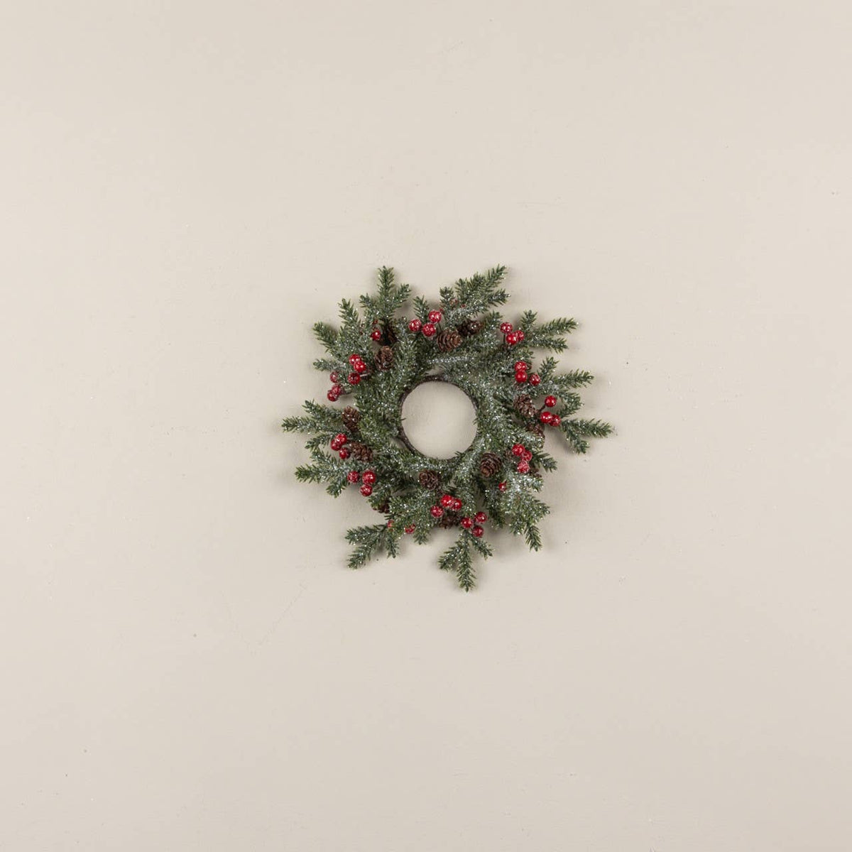 10" FROSTED PINE, RED BERRIES & PINECONE CANDLE RING