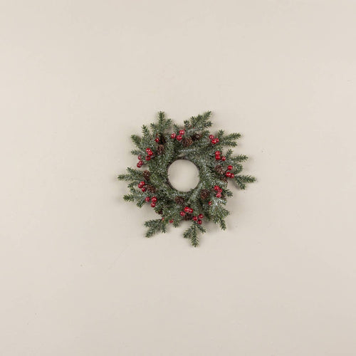 10" FROSTED PINE, RED BERRIES & PINECONE CANDLE RING