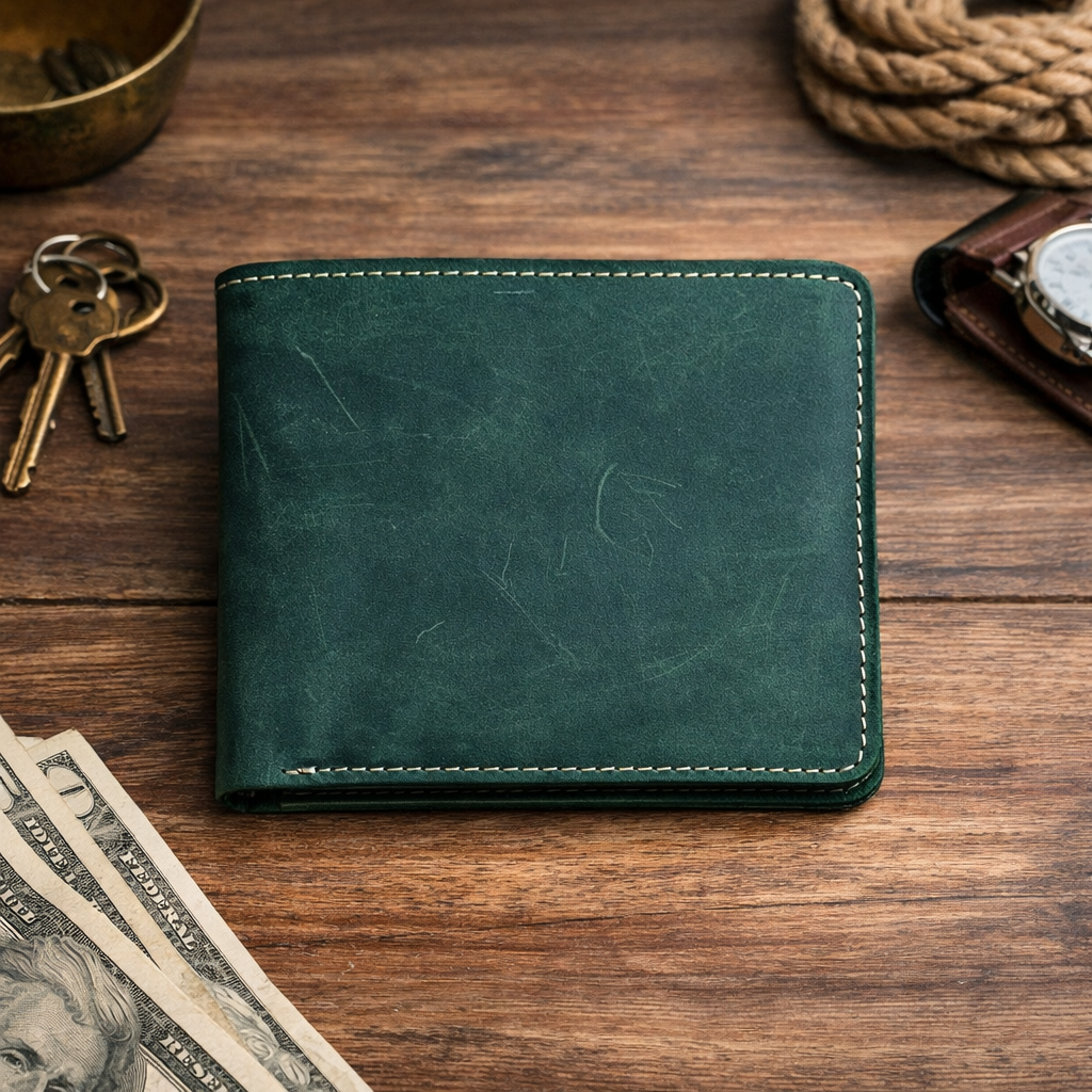 Men’s Full-Grain Crazy Leather Bifold Wallet with ID Window : Brown