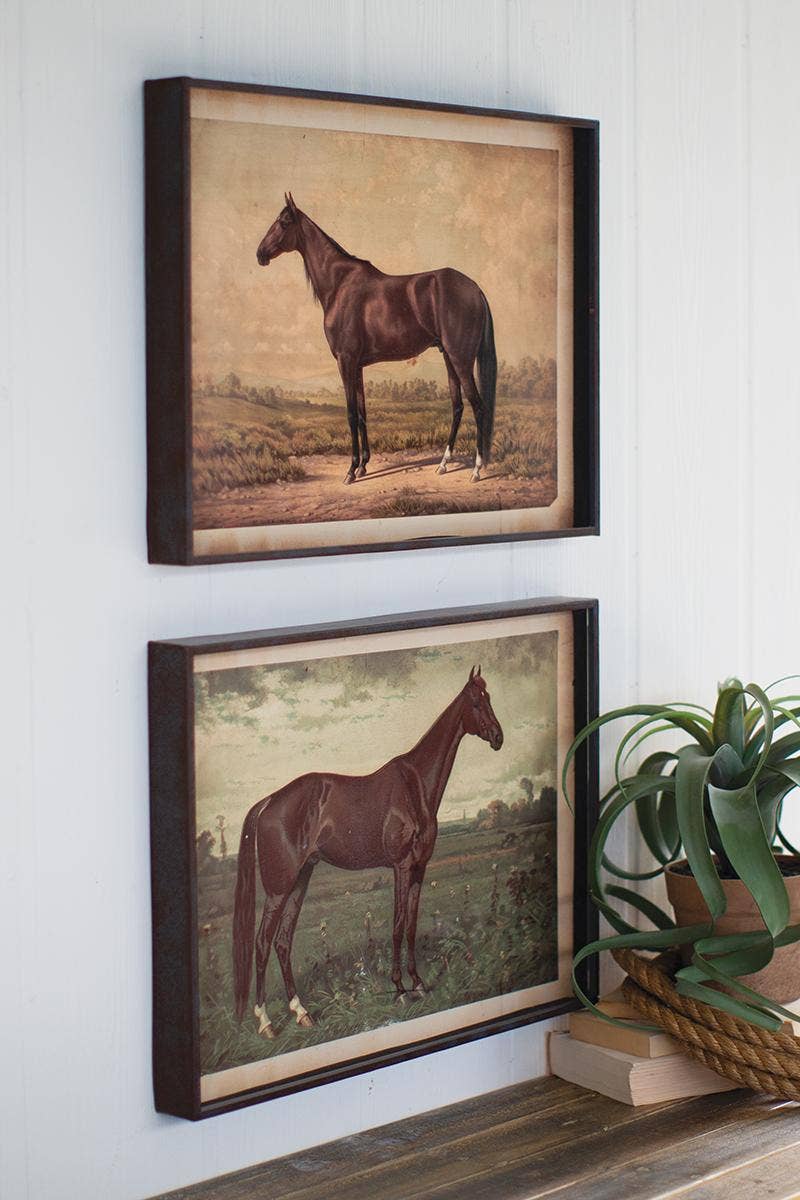 SET OF TWO HORSE PRINTS UNDER GLASS: Brown / Wood/Glass/Paper / 22" x 16" each