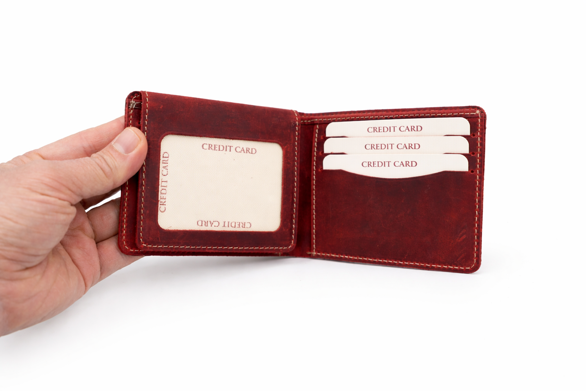 Men’s Full-Grain Crazy Leather Bifold Wallet with ID Window : Brown