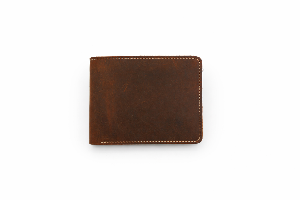 Men’s Full-Grain Crazy Leather Bifold Wallet with ID Window : Brown