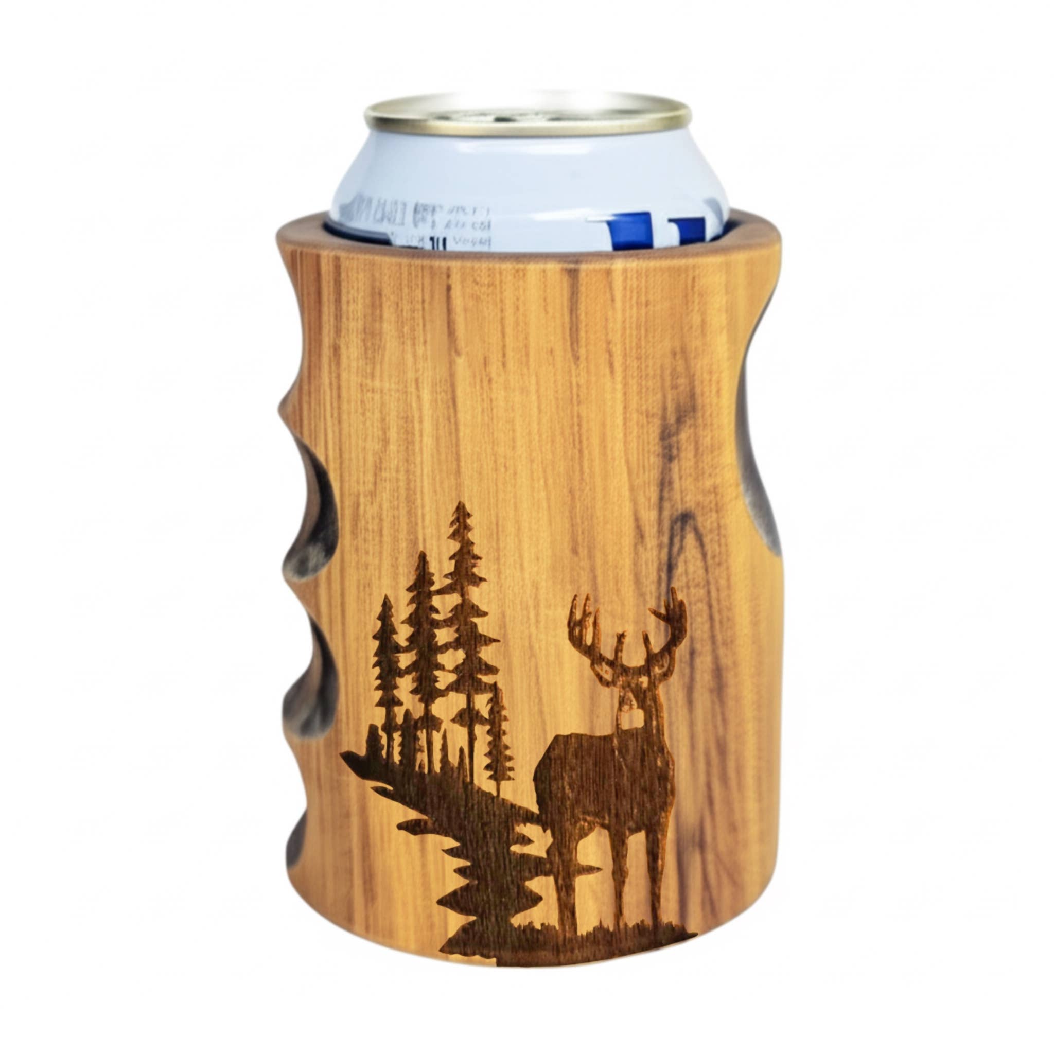 Beer Koozie - Hand Carved Wood - Buck/Stag/Deer Engraving