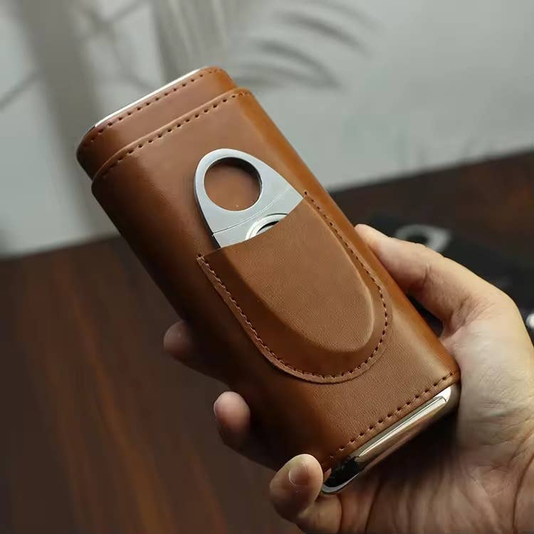 Genuine Leather Cigar Case, Wood Lined Humidor with Cutter: Brown