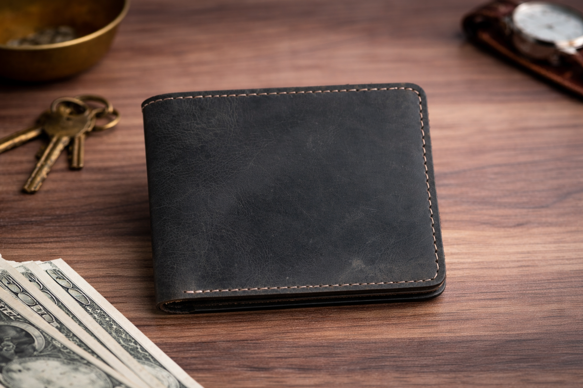 Men’s Full-Grain Crazy Leather Bifold Wallet with ID Window : Brown