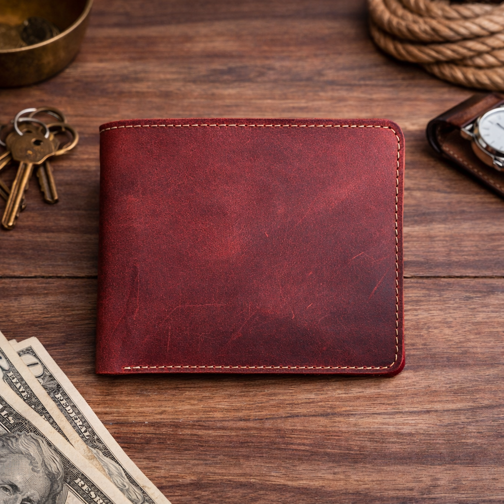 Men’s Full-Grain Crazy Leather Bifold Wallet with ID Window : Brown