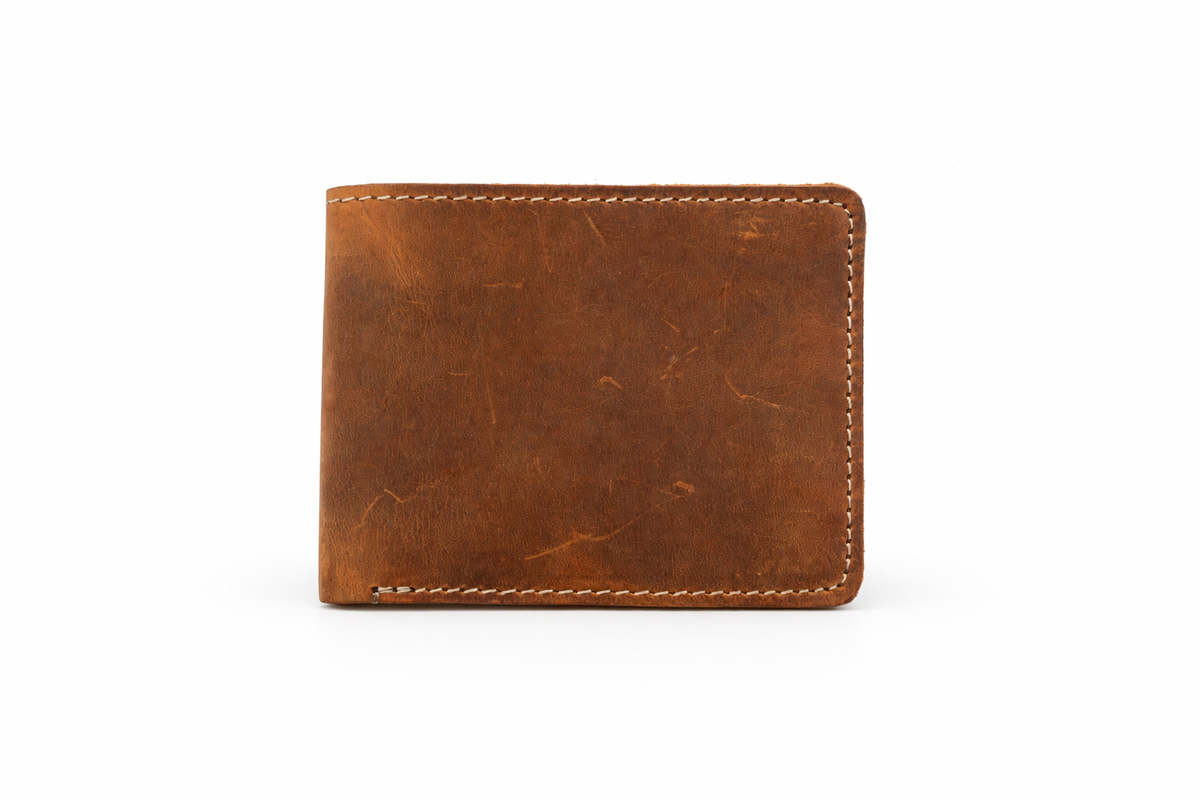 Men’s Full-Grain Crazy Leather Bifold Wallet with ID Window : Brown