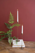 SET OF TWO TALL ANTIQUE BRASS TAPER CANDLE HOLDERS: Gold / Metal / Large: 3.5"d x 16"t;  
Small: 3.5"d x 12"t