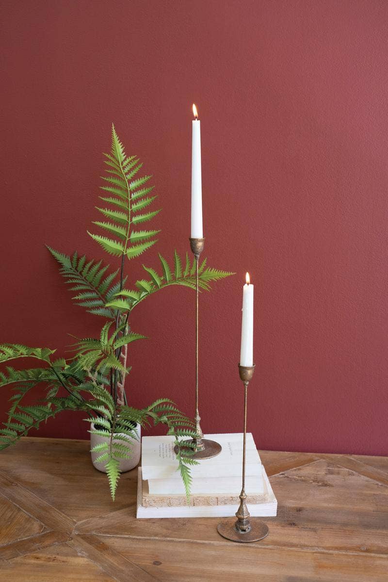 SET OF TWO TALL ANTIQUE BRASS TAPER CANDLE HOLDERS: Gold / Metal / Large: 3.5"d x 16"t;  
Small: 3.5"d x 12"t