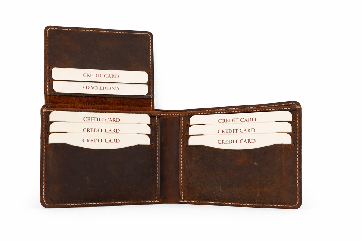 Men’s Full-Grain Crazy Leather Bifold Wallet with ID Window : Brown