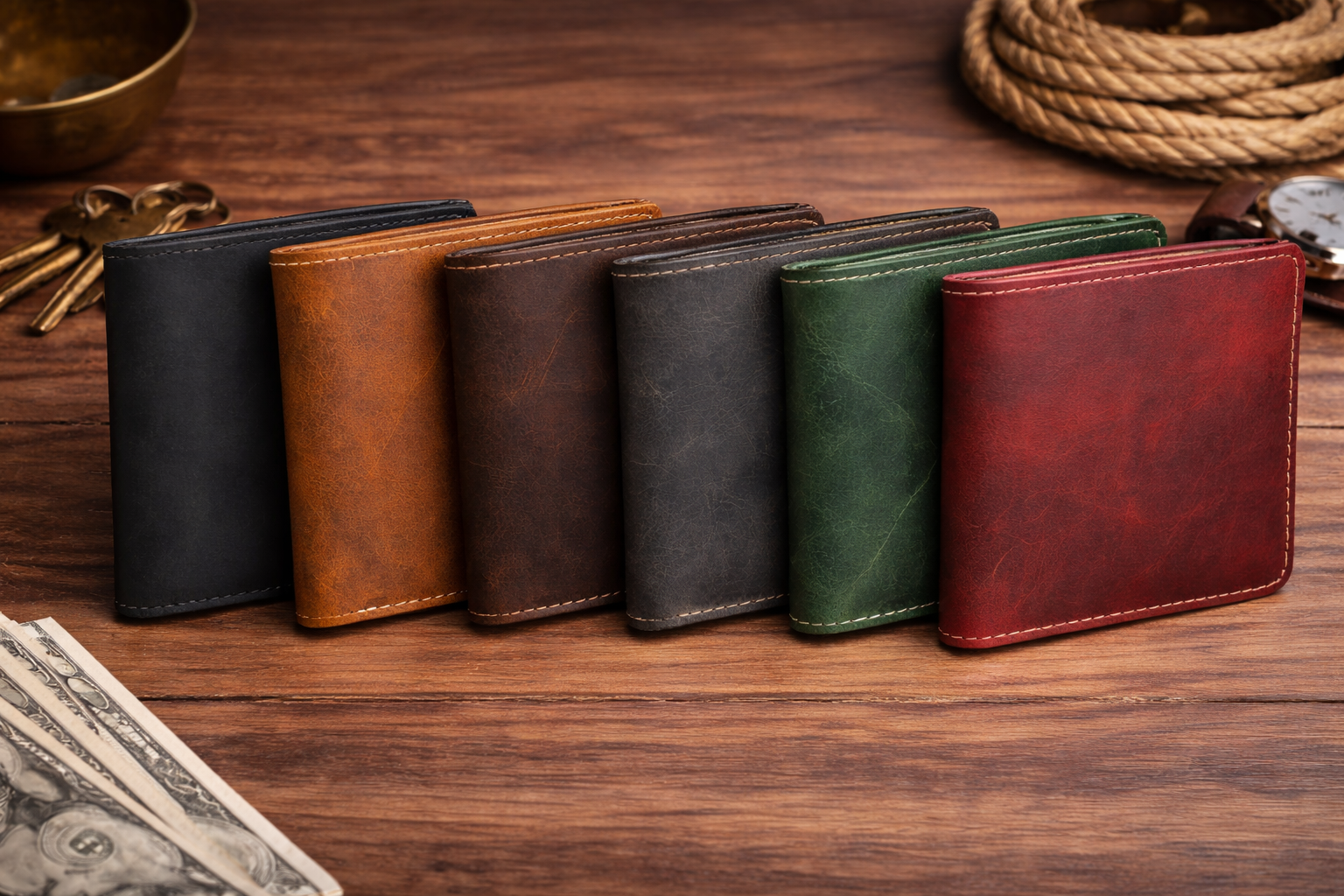 Men’s Full-Grain Crazy Leather Bifold Wallet with ID Window : Brown