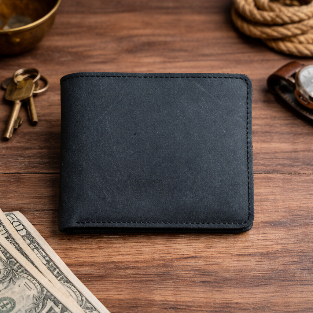 Men’s Full-Grain Crazy Leather Bifold Wallet with ID Window : Brown