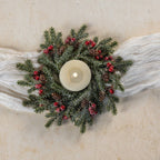 10" FROSTED PINE, RED BERRIES & PINECONE CANDLE RING