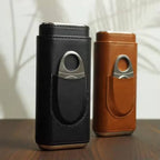Genuine Leather Cigar Case, Wood Lined Humidor with Cutter: Brown