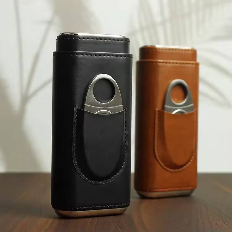 Genuine Leather Cigar Case, Wood Lined Humidor with Cutter: Brown