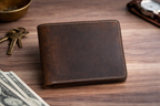 Men’s Full-Grain Crazy Leather Bifold Wallet with ID Window : Brown