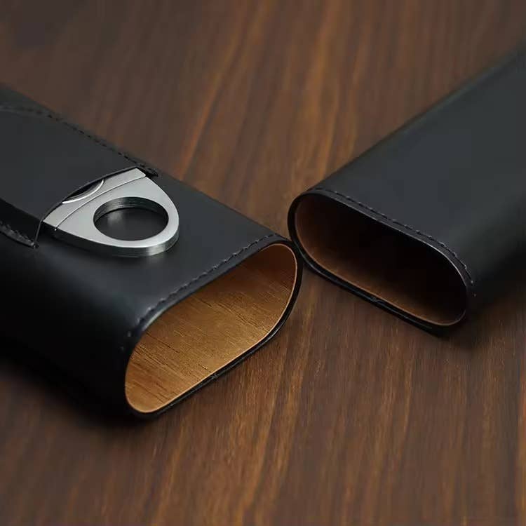 Genuine Leather Cigar Case, Wood Lined Humidor with Cutter: Brown
